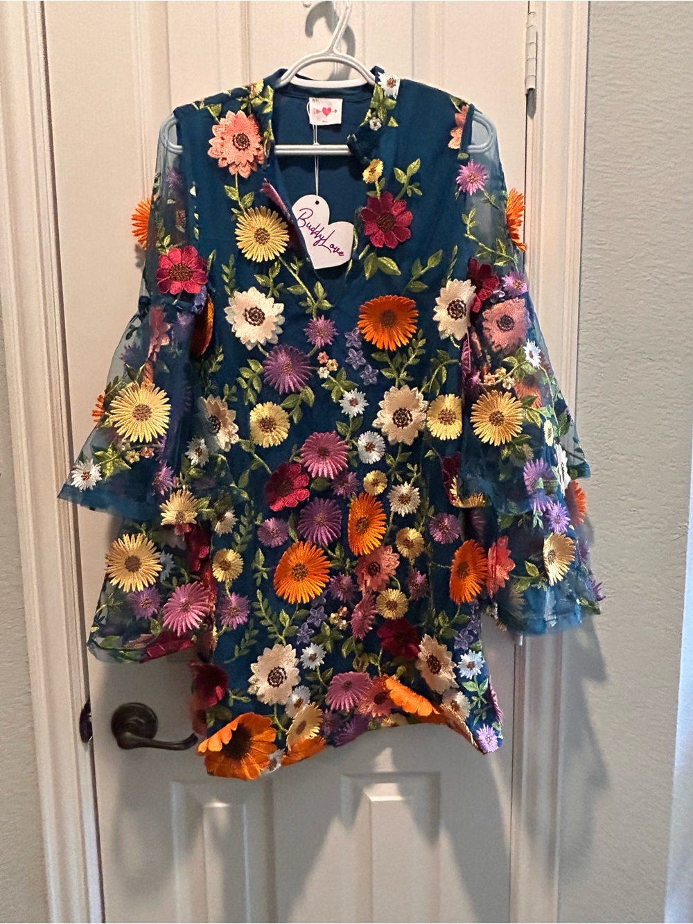 NWT BuddyLove Gayle Bellflower Blue Floral Embroidered Mini Dress Size Small